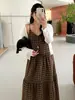 Vestido de suspensório xadrez vintage com decote em V para mulheres plus size 2026 outono vestido bolo plus size com saia longa interna NL1598