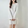Vestido de punto redondo 100% lana pura, vestido midi de manga larga de color liso para mujer, corte holgado, moderno y elegante