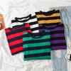 Venta al por mayor de comercio exterior transfronterizo estilo coreano holgado combinable estilo japonés Harajuku jersey a rayas con bloques de color camiseta holgada casual