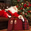 Tecido de Algodão de Natal Sacolas Xadrez Buffalo Sacolas de Natal com Cordão Embalagem Vermelha Preta Sacolas de Armazenamento Etiqueta de Papel Kraft Sacola de Doces
