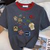 Playera de Algodón Puro de Nicho de Manga Corta con Hombro Derecho Descubierto para Mujer Verano Nueva Camiseta Básica de Cuello Redondo Look Holgado Adelgazante Camiseta Top Dulce