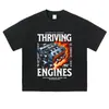 Camisa Vintage de Manga Corta Pesada con Efecto Desgastado y Lavado a la Piedra, Ilustración de Motor, Top Casual Unisex Oversize, En Stock para Envío Inmediato