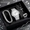 Reloj de Cuarzo para Hombre + Set de Tres Piezas de Joyería Plateada, Esfera Azul con Calendario, Caja de Regalo para Hermanos y Novios, Disponible para Venta al por Mayor y Dropshipping