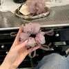 Laço de Fita Exquisito para Cabelo, Scrunchie Rosa Ultra-Fada com Flor em Botão Roxa, Elástico de Cabelo de Rede para Rabo de Cavalo, Elástico de Cabelo