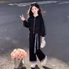 Conjunto de Moda para Niños Mayores: Pantalones de Pierna Ancha con Estampado de Retazos Estilo Casual de Primavera y Otoño y Abrigo con Lazo de Encaje Estilo Princesa
