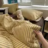 Conjunto de Cuatro Piezas Rayado de Hilo Puff Estilo Minimalista, Conjunto de Tres Piezas Simple de Algodón Puro Lavado para Dormitorio de Estudiante, Funda Nórdica, Sábana Ajustable 3
