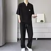 Conjunto casual, camisa polo retro americana, camiseta de manga corta, pantalones largos, conjunto de seda helada moderno de corte holgado para hombre, estilo verano