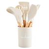 Punho de madeira Silicone Utensílios de cozinha Conjunto de 12 peças Antiaderente Pan Barril de armazenamento Utensílios de cozinha Espátula Colher de fritura Colher de sopa Escorredor Clipe de comida