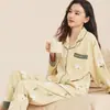 Pijama de Algodão Imitado para Mulheres, Manga Longa e Calça Longa, Cardigã para Primavera e Outono, Estilo Casual Simples de Alta Qualidade, Conjunto de Pijama Plus Size para Mulheres