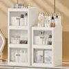 Caixa de Armazenamento com Porta de Empurrar para Cosméticos de Mesa Prateleira de Armazenamento Multicamadas Suprimentos de Papelaria Doméstica Caixa de Armazenamento à Prova de Poeira para Produtos de Skincare