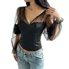 60667 Chegada nova transfronteiriça europeia e americana TEMU top sexy transparente justo com retalhos de malha franzido e amarração roupa feminina