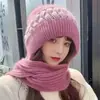 Gorro y Bufanda de Otoño e Invierno Todo en Uno Nuevo Terciopelo de Ardilla Gorro de Nieve Más Lana Felpa Gorro de Punto para Mujer Protección de Orejas Venta al por Mayor