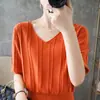 Suéter de punto de algodón puro con cuello en V y diseño calado para mujer, de manga corta, estilo coreano de verano, holgado, simple, versátil, elegante, jersey, top fino