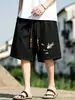 Novos shorts esportivos masculinos estilo chinês com cordão, shorts leves de verão como sobreposição com bordado de garça estilo chinês, shorts soltos no joelho