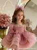 Vestido para Meninas Rosa Lantejoula Curto Princesa Malha Fofa Saia Modelo Infantil Desfile Apresentação Traje