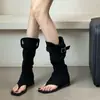 Botas Longas Vazadas Planas de Verão Chuyuji para Mulheres, Sandálias Chinelo de Camurça para Uso Externo, Novo Estilo Francês 2026 com Aumento Interno de Altura