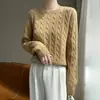 Suéter feminino de malha novo estilo, com caimento solto, manga longa, gola redonda torcida, top versátil grosso 2024 para outono e inverno