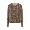 Tricô Jacquard Estampa de Leopardo Primavera 2025 Europeu e Americano Transfronteiriço Raglan Manga Longa Gola Canoa Fino Curto Suéter de Tricô para Mulheres