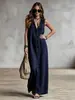 Vestido feminino sem mangas transfronteiriço com pala frontal, de abotoamento simples, corte solto, longo, vestido-camisa com fenda, vestido longo de estilo casual