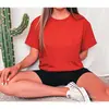 2025 Camiseta Casual de Color Sólido Talla Europea Manga Corta para Mujer Versión Lisa Top Regular Camiseta de Color Sólido Algodón Exportación
