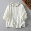Blusa Top Feminina Verão Algodão Linho Patchwork Manga Curta Gola de Renda Bordada Camisa de Linho Soltinha Babados