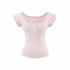 Camiseta de Manga Curta Bufante com Borda de Orelha de Madeira de Camada Dupla Verão Nova Menina Picante Americana Cor Sólida Slim Fit Ombro Normal Camada Base Top