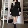 Vestido Preto com Laço para Mulheres, Estilo Chanel, Novo Outono e Inverno, Estilo Francês Hepburn, Manga Longa, Para Baixinhas, Vestido Evasê