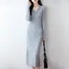 Novo Vestido de Malha Elegante com Gola V 100% Lã Outono/Inverno para Mulheres, Slim Fit, Vestido Longo Acima do Joelho, Pulôver com Mangas Longas
