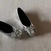 Primer Encuentro con los Zapatos Planos de Ballet Plateados con Punta Cuadrada y Lazo de la Temporada, Zapatos de Corte Bajo para Combinar con Faldas, Estilo de Noche Estilo Francés, Zapatos de Tacón Bajo que Aumentan la Altura para Mujer