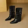 Botas de cano médio Botas de cavaleiro Botas femininas Novo estilo outono e inverno Franzidas Bico arredondado Salto fino Botas de salto alto Salto grosso Botas de calça Feminino