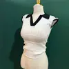 Camiseta de Punto Fino Estilosa Nueva de Primavera y Verano Dongdaemun Coreano con Cuello Polo Ajustada que Favorece la Figura Bloques de Color