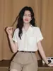 Lenço de Seda Francês Gravata Camisa de Manga Curta Feminina 2026 Verão Novo Único Lindo Acabamento em Renda Blusa Top de Temperamento
