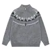 Cardigã de malha Fair Isle masculino com gola alta, zíper, padrão jacquard, corte solto, mangas compridas, estilo retro nórdico, design quente de inverno