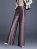Pantalones de cuero genuino de marca auténtica Haining para mujer, colección primavera/otoño 2026, largo de nueve puntos, piel de oveja, pierna ancha, corte recto, casual, moderno