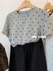 Camiseta Retro Elegante con Corazones Afelpados y Lunares de Manga Corta para Mujer, Talla Grande 100kg, Verano Suelta Adelgazante