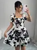 Comércio Exterior Transfronteiriço da Amazon Roupas Femininas Vestido Preto Estampado com Amarração Estilo Francês para o Início do Verão Férias Europeias e Americanas