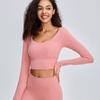 Estilo Popular Espalda Americana Ropa de Yoga Camiseta de Manga Larga para Mujer con Almohadilla en el Pecho Top Deportivo Ajustado Popular en Internet Exposición del Ombligo Ropa de Fitness