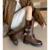 Hebilla de Cinturón de Chica Dulce y Genial Botas Vaqueras de Piel de Vaca 2025 Tacón Medio Grueso Punta Redonda Con Cordones Botas de Media Caña Anchas para Pantorrilla Grande