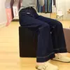 Calça Jeans Feminina Azul Escuro Micro-Flare Perna Larga Forrada com Lã Lançamento 2025 Cintura Alta Slim Reta Relaxada Comprimento Total