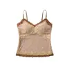 Camisole de Renda Patchwork com Bolinhas Puramente Sedutor para Mulheres, Afina a Cintura, Decote em V com Bojos Embutidos, Top Camada Base