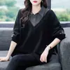 Moletom de Gola Polo Estilo Coreano Patchwork Listrado Elegante Falso Duas Peças Gola Reversível 2026 Primavera Novo Pulôver Solto para Mulheres
