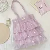64293 Bolso Tote de Capas de Pastel Florales con Tela Suave Plisada, Estilo Coreano para Niñas, Bolso de Hombro de Gran Capacidad para Viajes Diarios y Clases