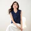 2025 Nuevo Verano Estilo Coreano Color Contrastante Sencillo Cuello Polo Chaleco Casual Femenino para Viajar Cárdigan Top de Punto