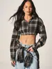 Camisa Corta de Cuadros Cepillados de Venta Caliente Europea y Americana Solapa Cintura Elástica Acortada Manga Larga Estilo Streetwear Chica Picante Camisa Versátil