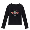 Top negro de cuello en U y manga larga para mujer, nuevo estilo primavera y otoño, con divertido estampado de dibujos animados, corte ajustado, camiseta básica moderna