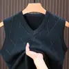 Colete de malha masculino transfronteiriço, roupa masculina casual de negócios, 6% lã, outono e inverno, cor sólida, padrão jacquard, gola V, suéter sem mangas