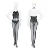 Feimu-7507 (Preto) Meias-Calças de Peça Única com Calcinha Falsa, Body Sem Costura na Virilha com Estampa de Letras, Lingerie Transparente de Tentação
