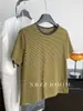 Camiseta Retro Color Block Listrada Manga Curta Feminina Simples Casual Solta Gola Redonda Camisa Básica Top Meia Manga Verão 2026