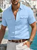 Camisa Masculina de Linho Verão 2026 Transfronteiriça Europeia e Americana Moda Bolso Duplo Estilo Workwear Cor Sólida Manga Curta Colarinho Cuban