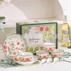 Conjunto de Tigela e Colher de Porcelana para Presente Tigela de Cerâmica Utensílios de Mesa Caixa de Presente para Mudança para Casa Nova, Recém-casados, Lembrança de Inauguração com Logo Impresso